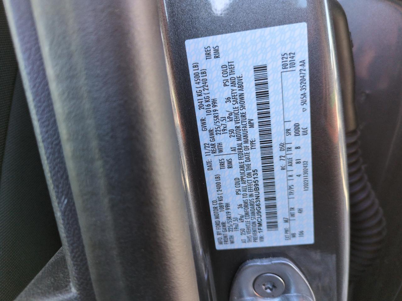 2022 FORD ESCAPE SE VIN:1FMCU9G63NUB95135