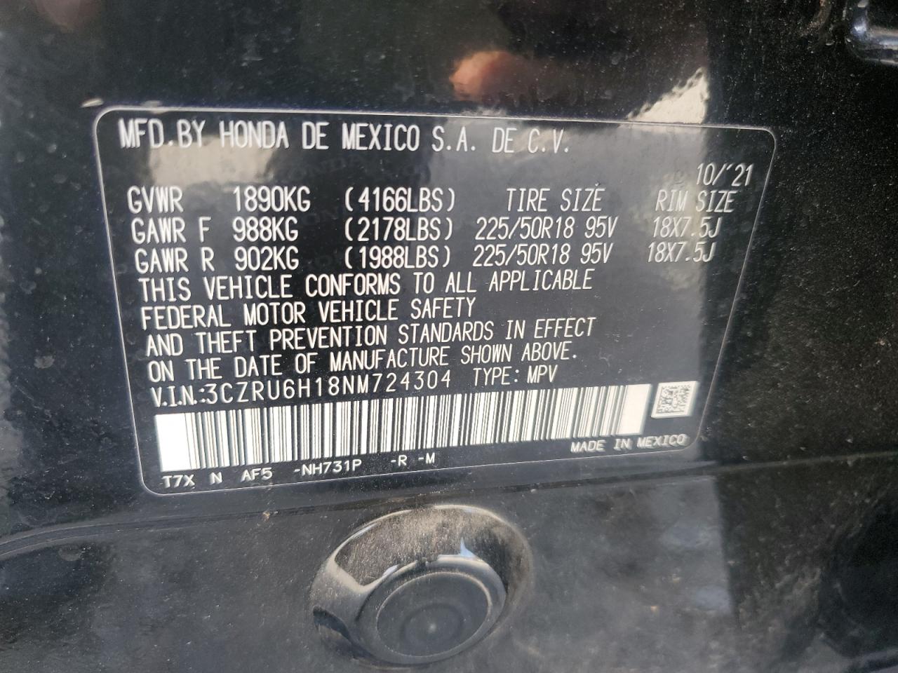2022 HONDA HR-V SPORT VIN:3CZRU6H18NM724304