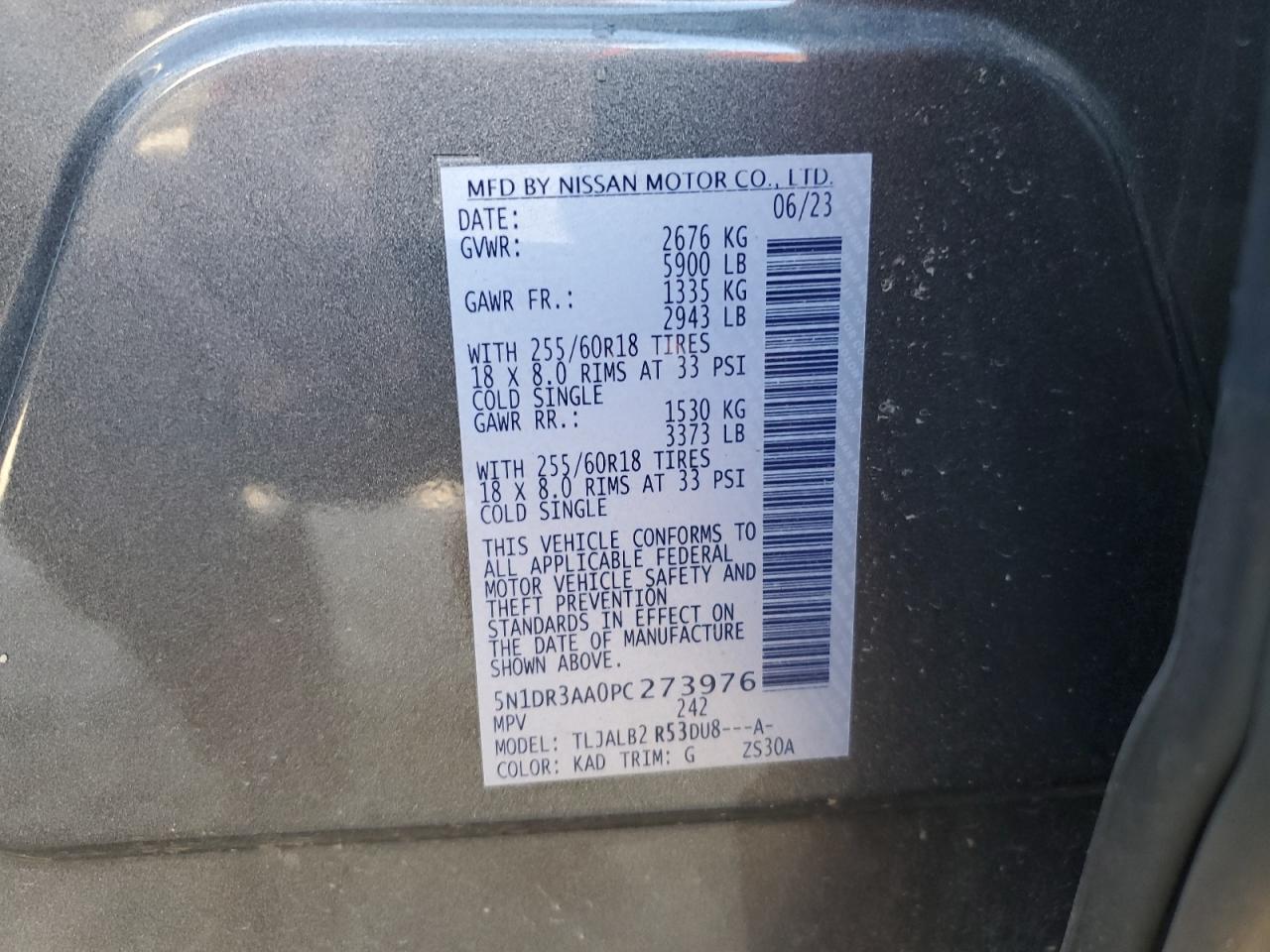2023 NISSAN PATHFINDER S VIN:5N1DR3AA0PC273976