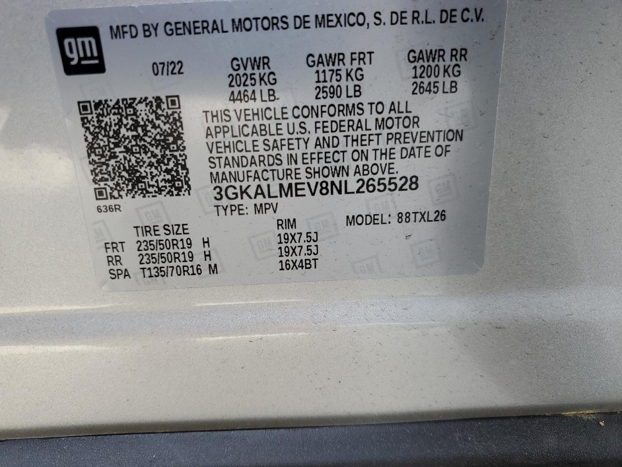 2022 GMC TERRAIN SLE VIN:3GKALMEV8NL265528