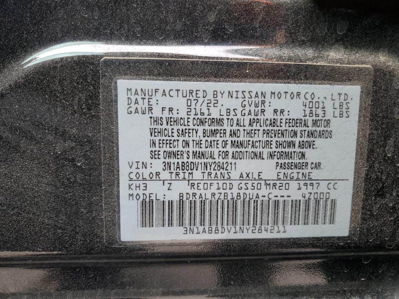 2022 NISSAN SENTRA SR VIN:3N1AB8DV1NY284211