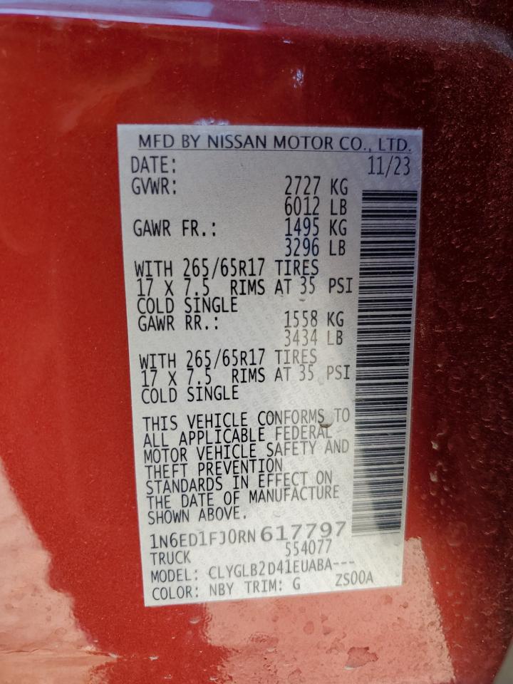 2024 NISSAN FRONTIER SV VIN:1N6ED1FJ0RN617797