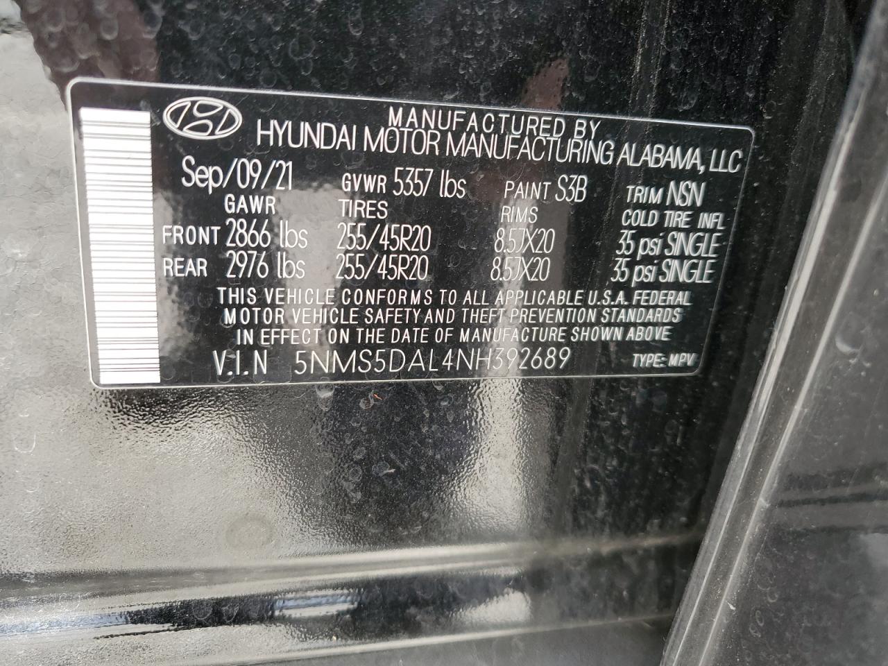 2022 HYUNDAI SANTA FE CALLIGRAPHY VIN:5NMS5DAL4NH392689