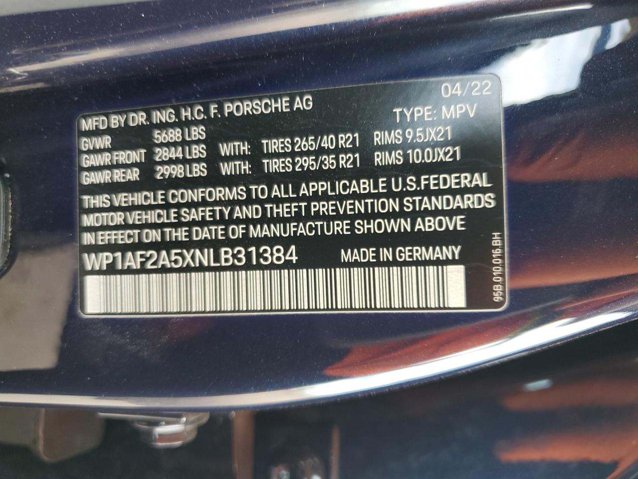 2022 PORSCHE MACAN GTS VIN:WP1AF2A5XNLB31384