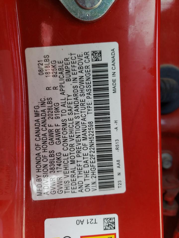 2022 HONDA CIVIC LX VIN:2HGFE2F22NH522598