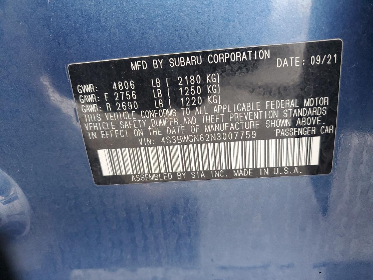 2022 SUBARU LEGACY LIMITED XT VIN:4S3BWGN62N3007759