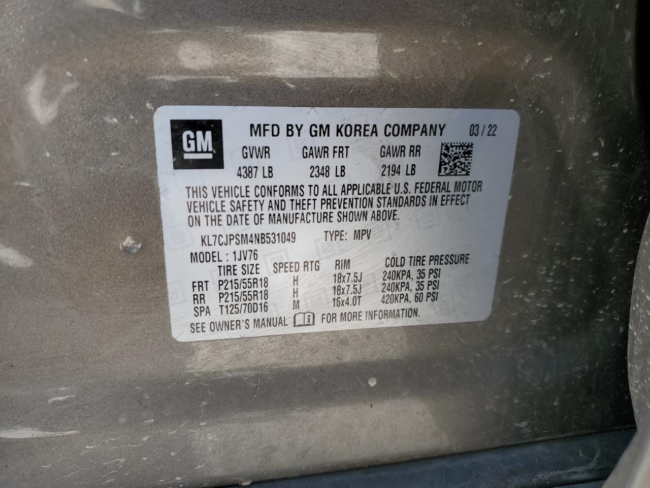 2022 CHEVROLET TRAX 1LT VIN:KL7CJPSM4NB531049