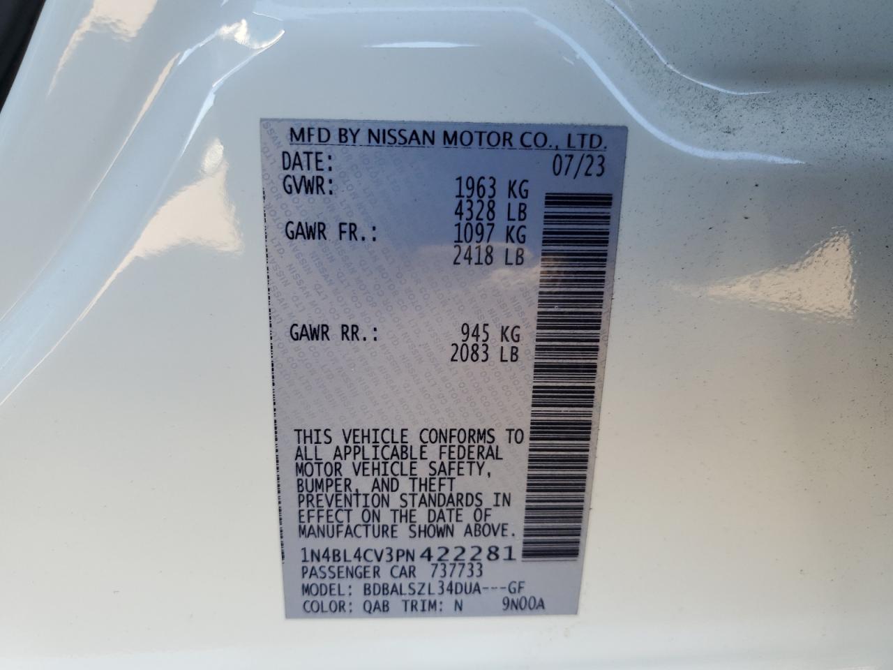 2023 NISSAN ALTIMA SR VIN:1N4BL4CV3PN422281