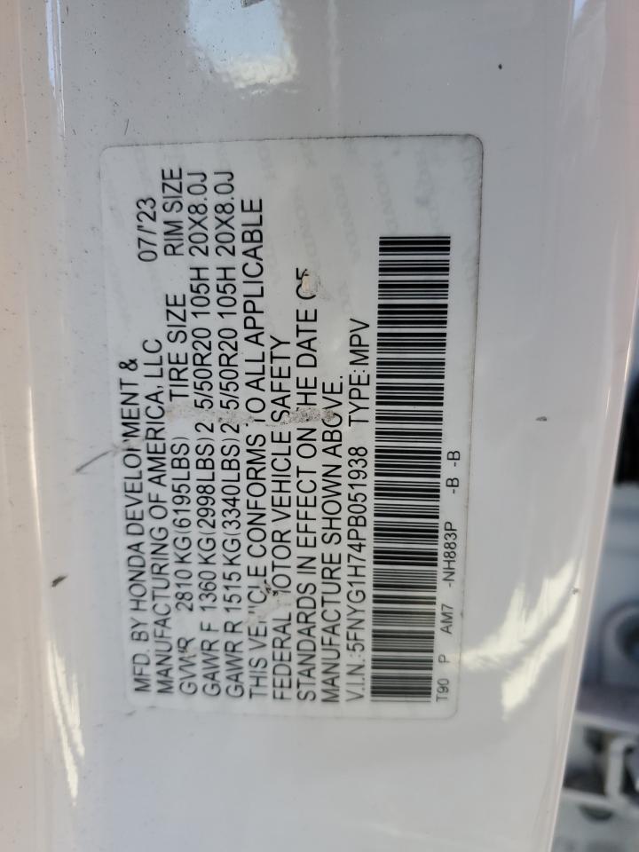 2023 HONDA PILOT TOURING VIN:5FNYG1H74PB051938
