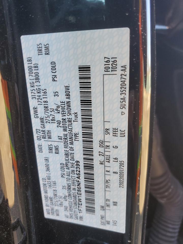 2022 FORD F150 SUPERCREW VIN:1FTEW1E86NFA62399