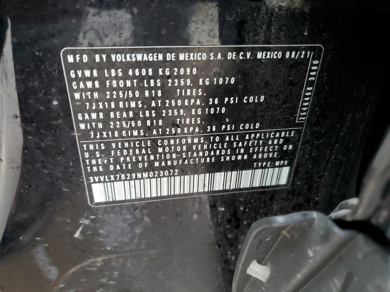 2022 VOLKSWAGEN TAOS SE IQ DRIVE VIN:3VVLX7B29NM023072