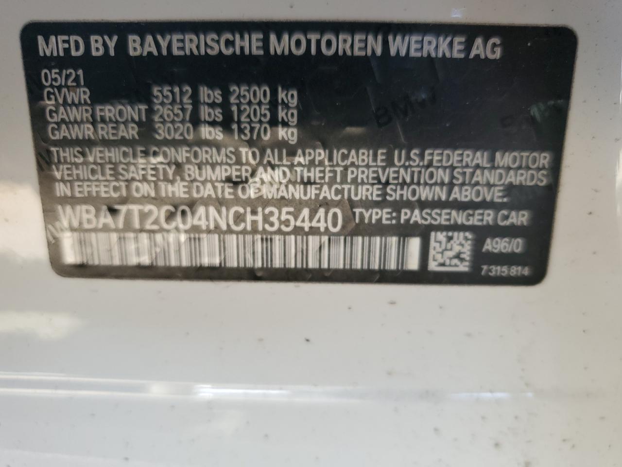 2022 BMW 740 I VIN:WBA7T2C04NCH35440