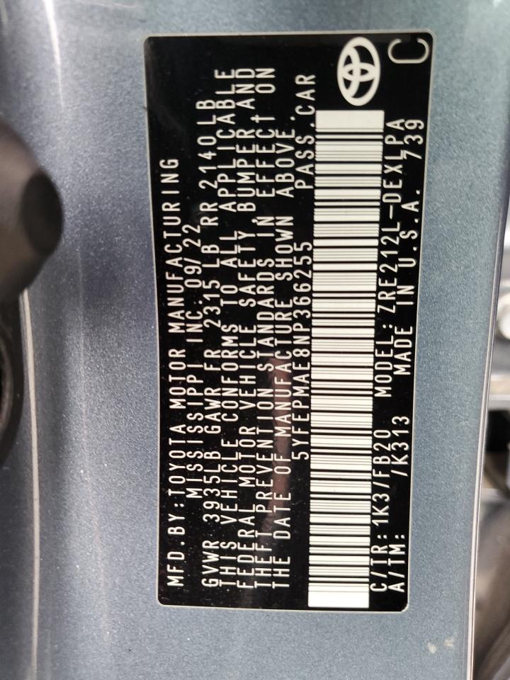 2022 TOYOTA COROLLA LE VIN:5YFEPMAE8NP366255