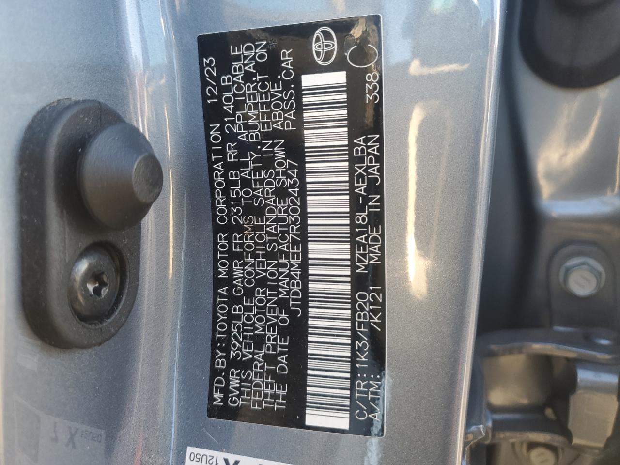 2024 TOYOTA COROLLA LE VIN:JTDB4MEE7R3024347