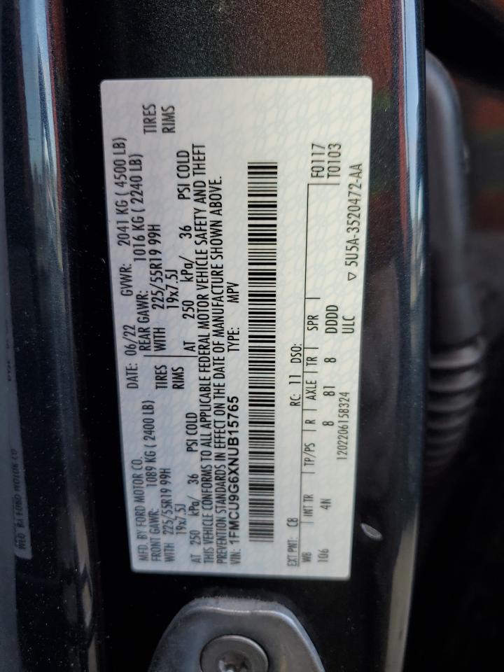 2022 FORD ESCAPE SE VIN:1FMCU9G6XNUB15765