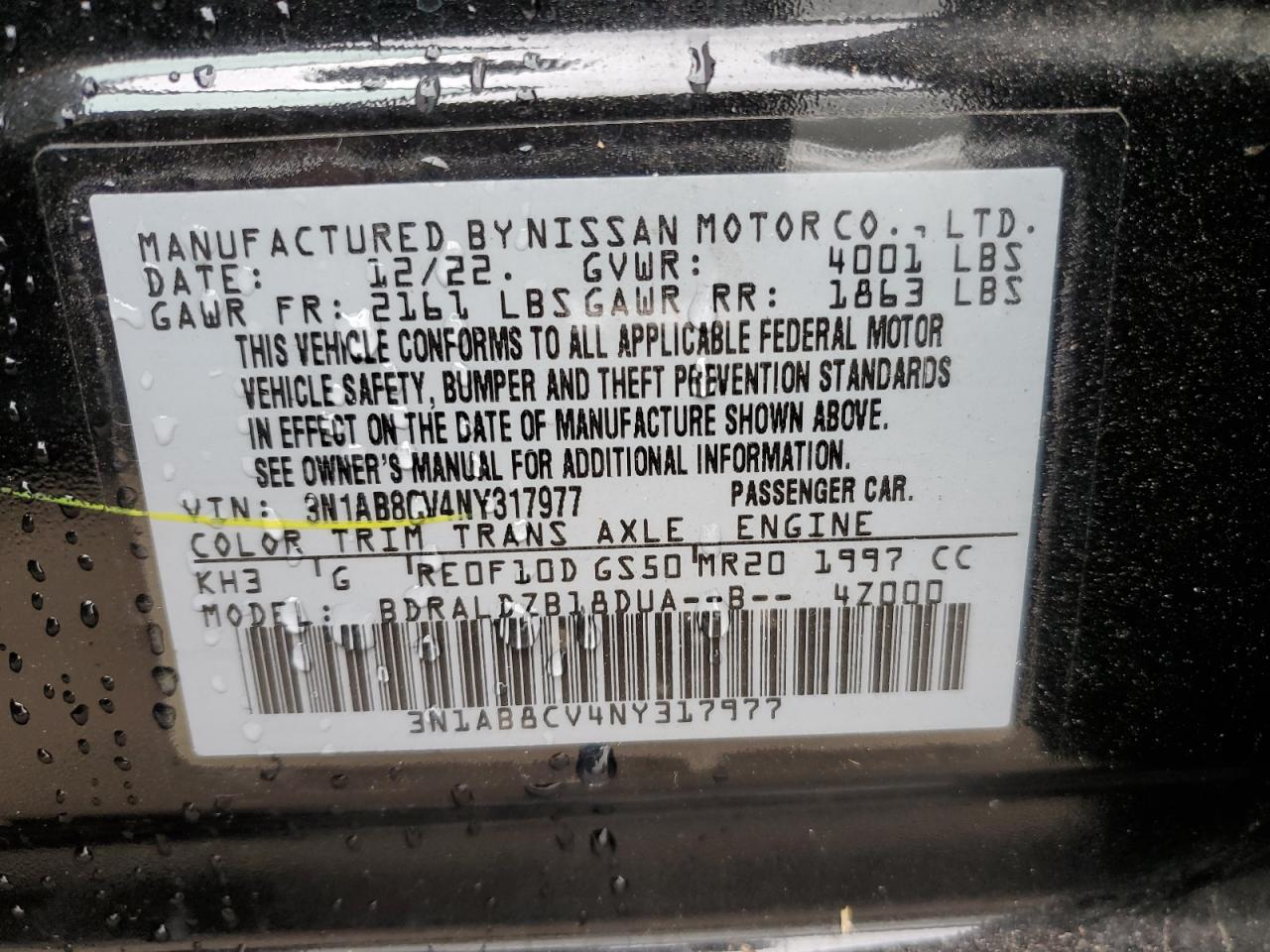 2022 NISSAN SENTRA SV VIN:3N1AB8CV4NY317977