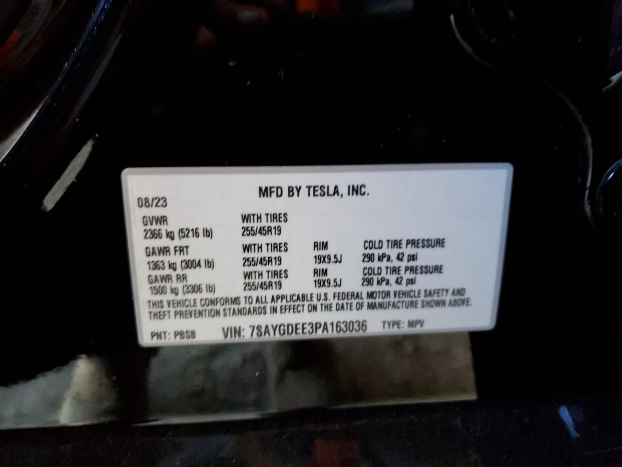 2023 TESLA MODEL Y  VIN:7SAYGDEE3PA163036