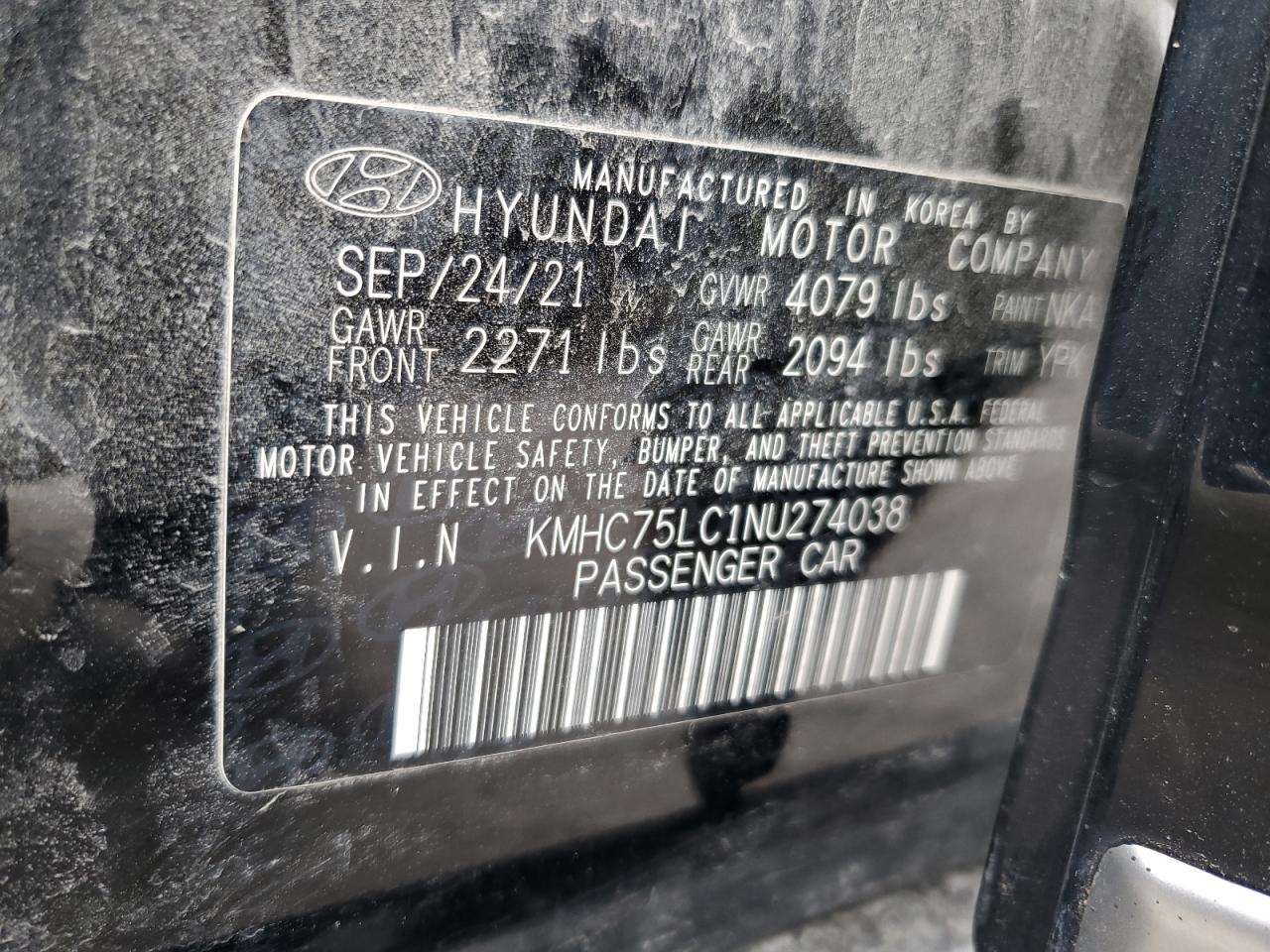 2022 HYUNDAI IONIQ SE VIN:KMHC75LC1NU274038