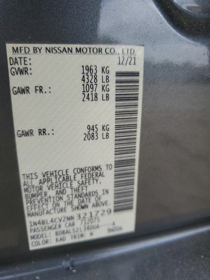 2022 NISSAN ALTIMA SR VIN:1N4BL4CV2NN321729