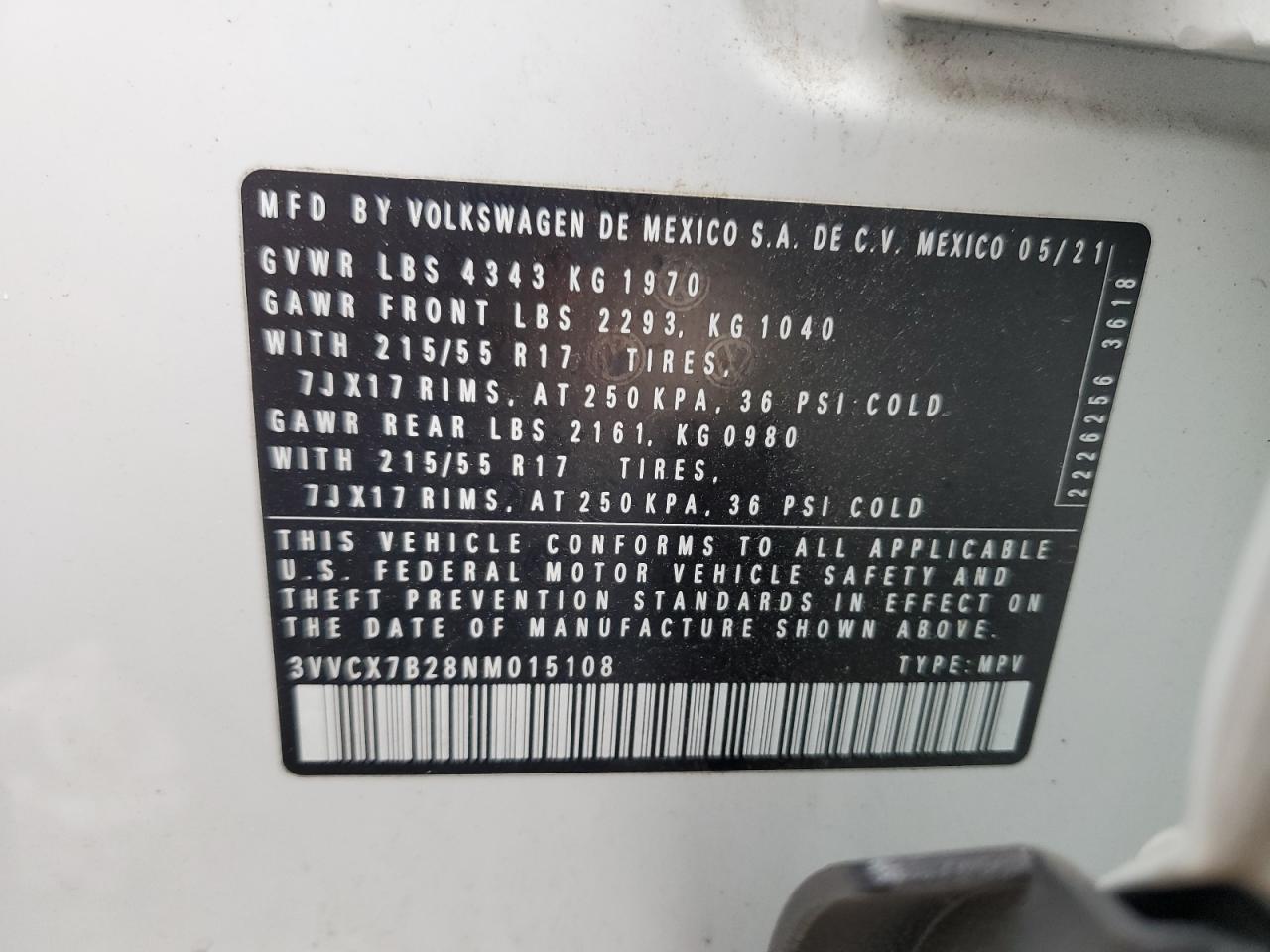 2022 VOLKSWAGEN TAOS S VIN:3VVCX7B28NM015108