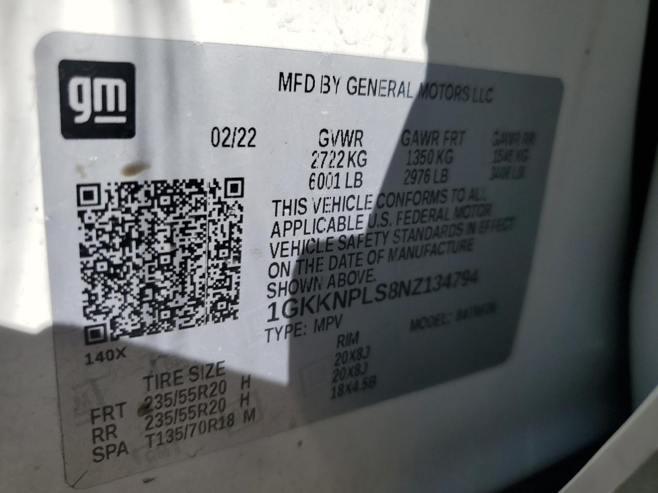 2022 GMC ACADIA DENALI VIN:1GKKNPLS8NZ134794