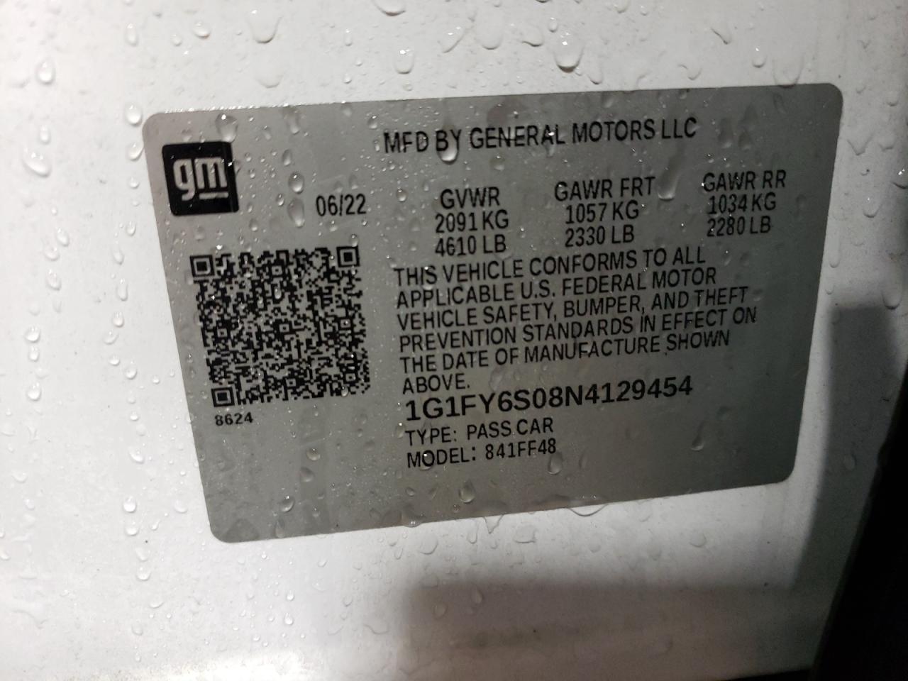 2022 CHEVROLET BOLT EUV LT VIN:1G1FY6S08N4129454