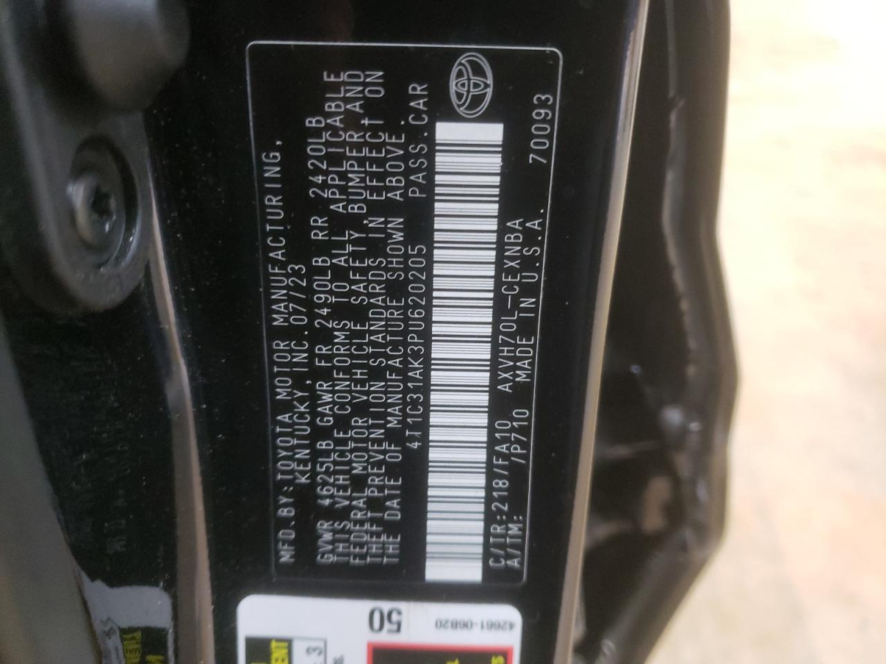 2023 TOYOTA CAMRY LE VIN:4T1C31AK3PU620205