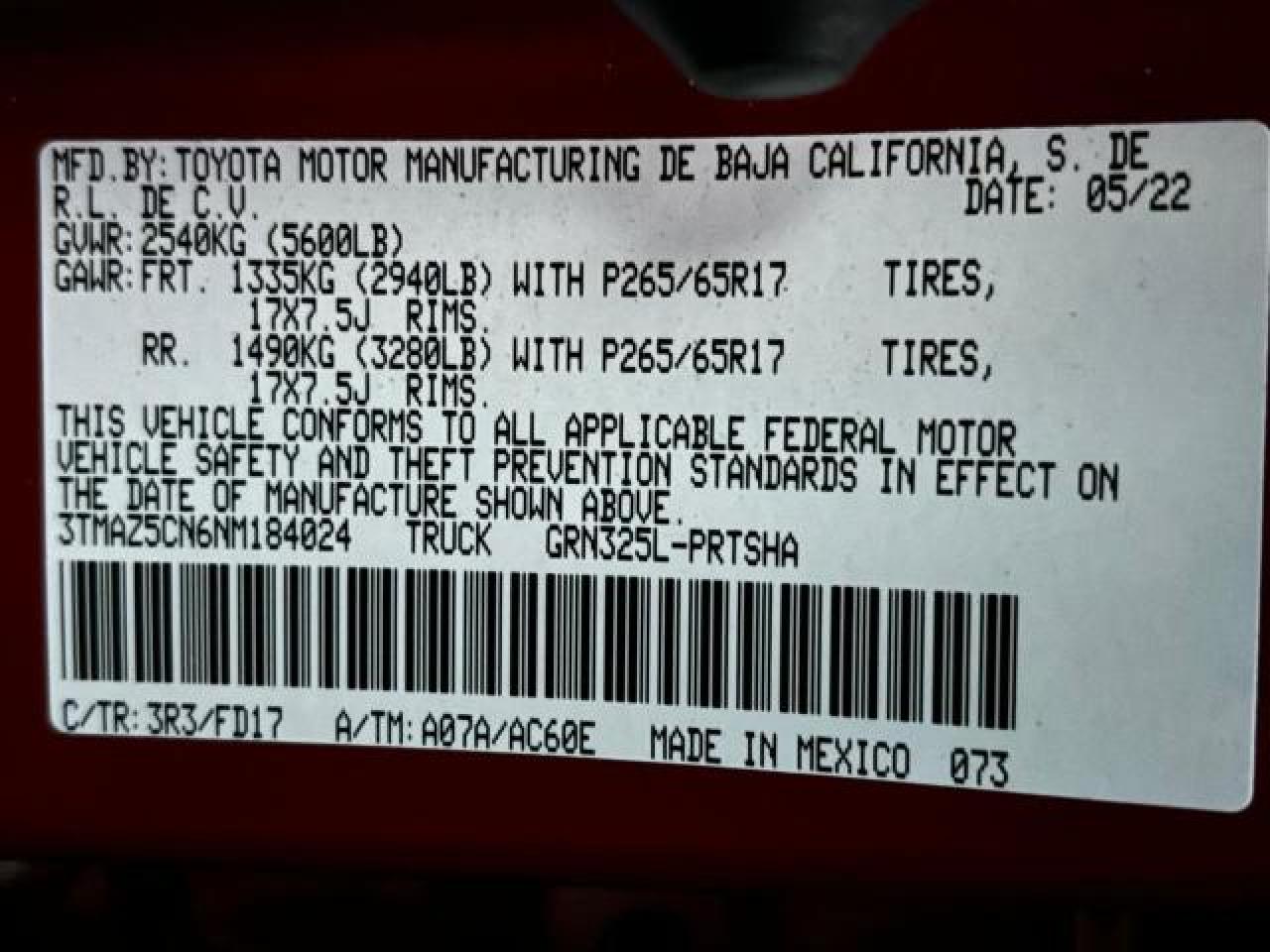 2022 TOYOTA TACOMA DOUBLE CAB VIN:3TMAZ5CN6NM184024