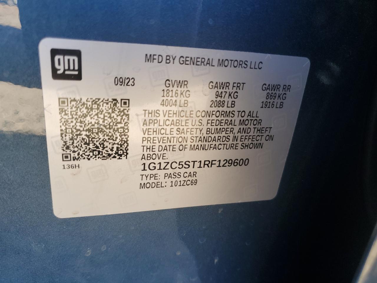 2024 CHEVROLET MALIBU LS VIN:1G1ZC5ST1RF129600