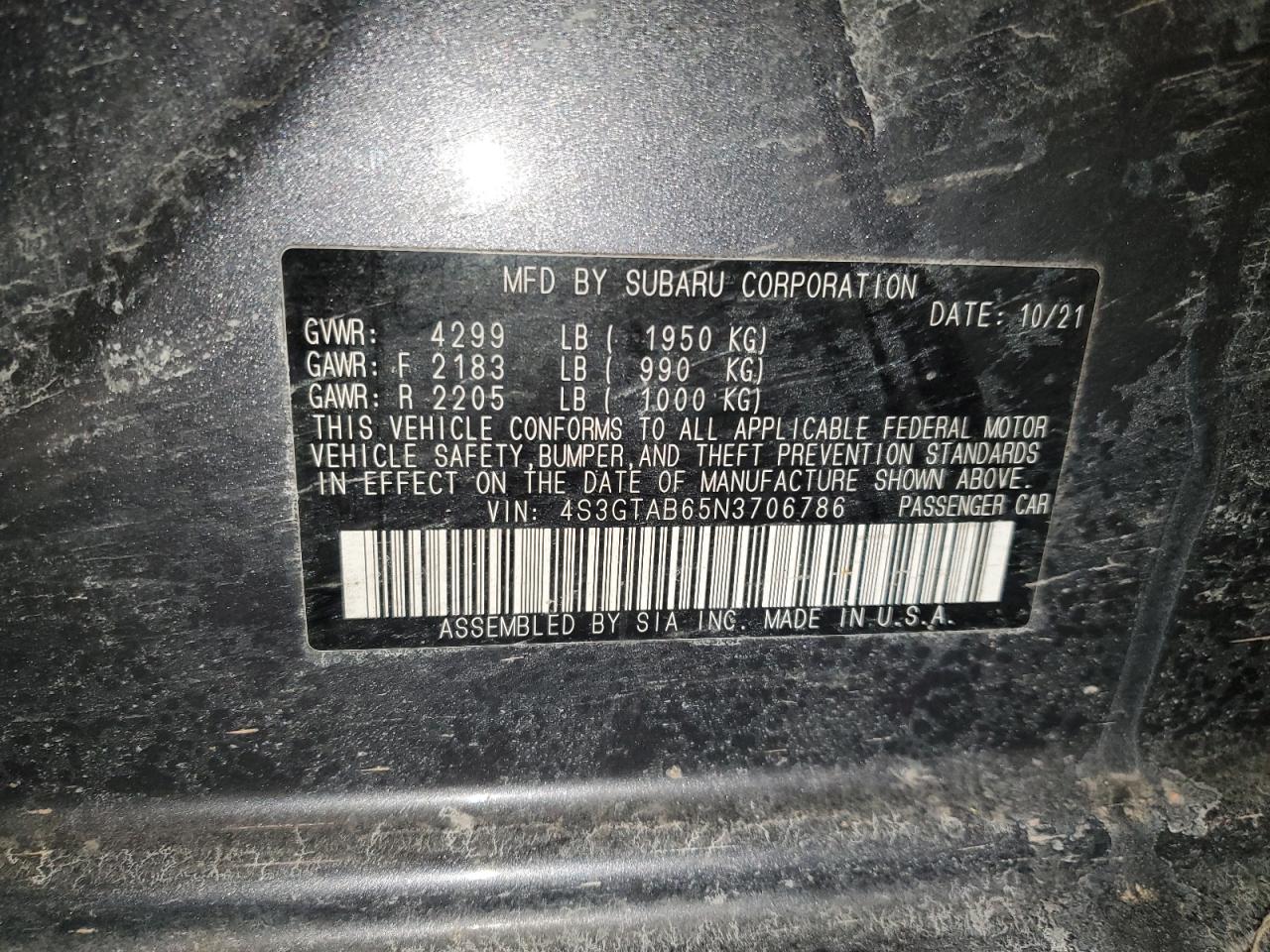 2022 SUBARU IMPREZA  VIN:4S3GTAB65N3706786