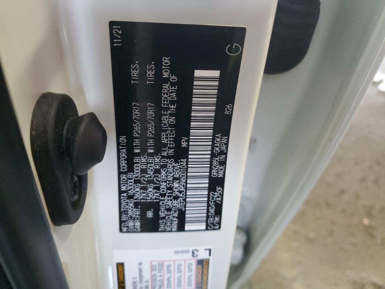 2022 TOYOTA 4RUNNER SR5/SR5 PREMIUM VIN:JTEPU5JR5N6001044