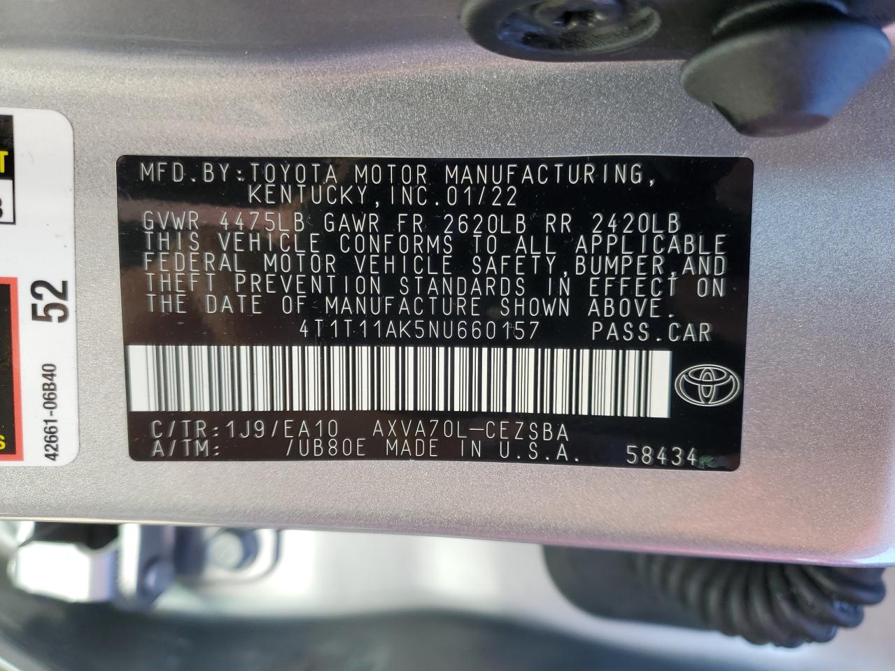 2022 TOYOTA CAMRY SE VIN:4T1T11AK5NU660157