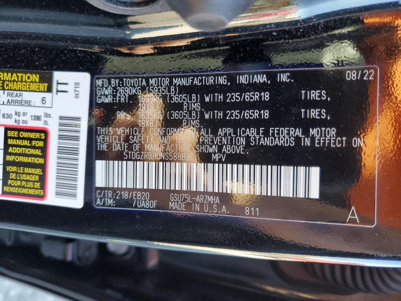 2022 TOYOTA HIGHLANDER XLE VIN:5TDGZRBH0NS588630