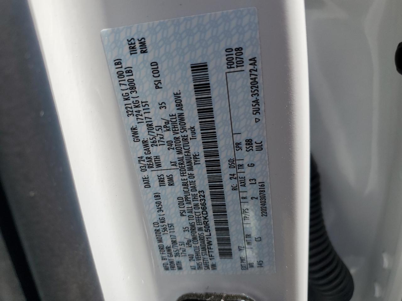 2024 FORD F150 XL VIN:1FTFW1L50RKD66323