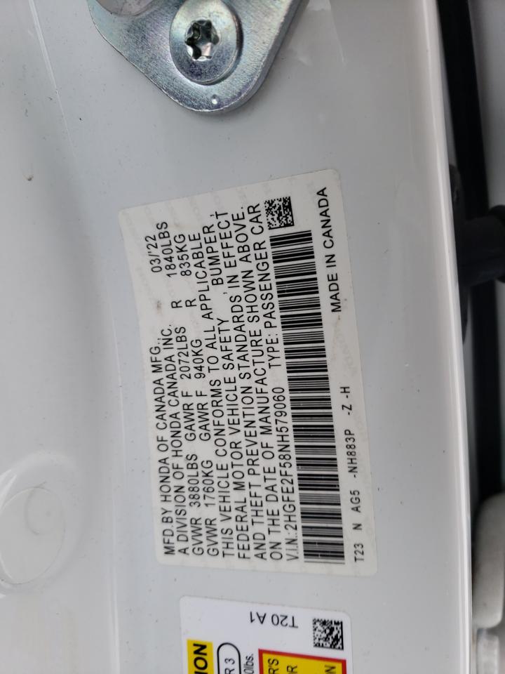 2022 HONDA CIVIC SPORT VIN:2HGFE2F58NH579060