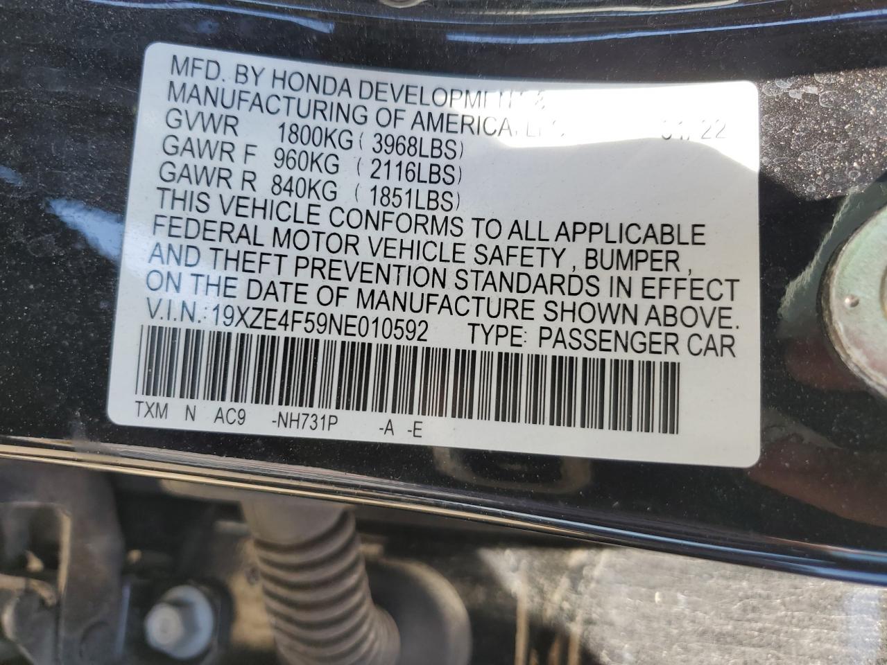 2022 HONDA INSIGHT EX VIN:19XZE4F59NE010592