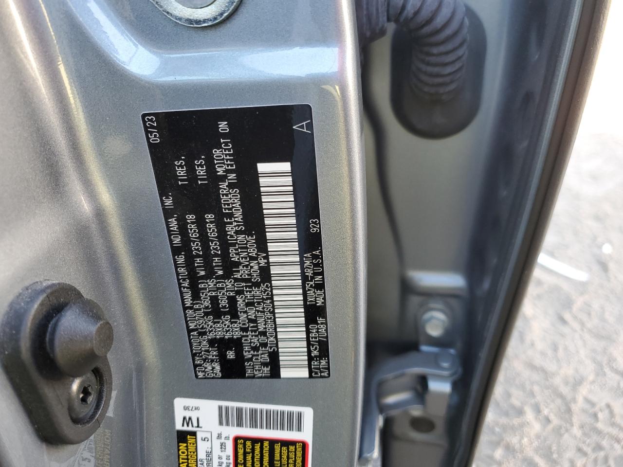 2023 TOYOTA HIGHLANDER L VIN:5TDKDRBH3PS041525