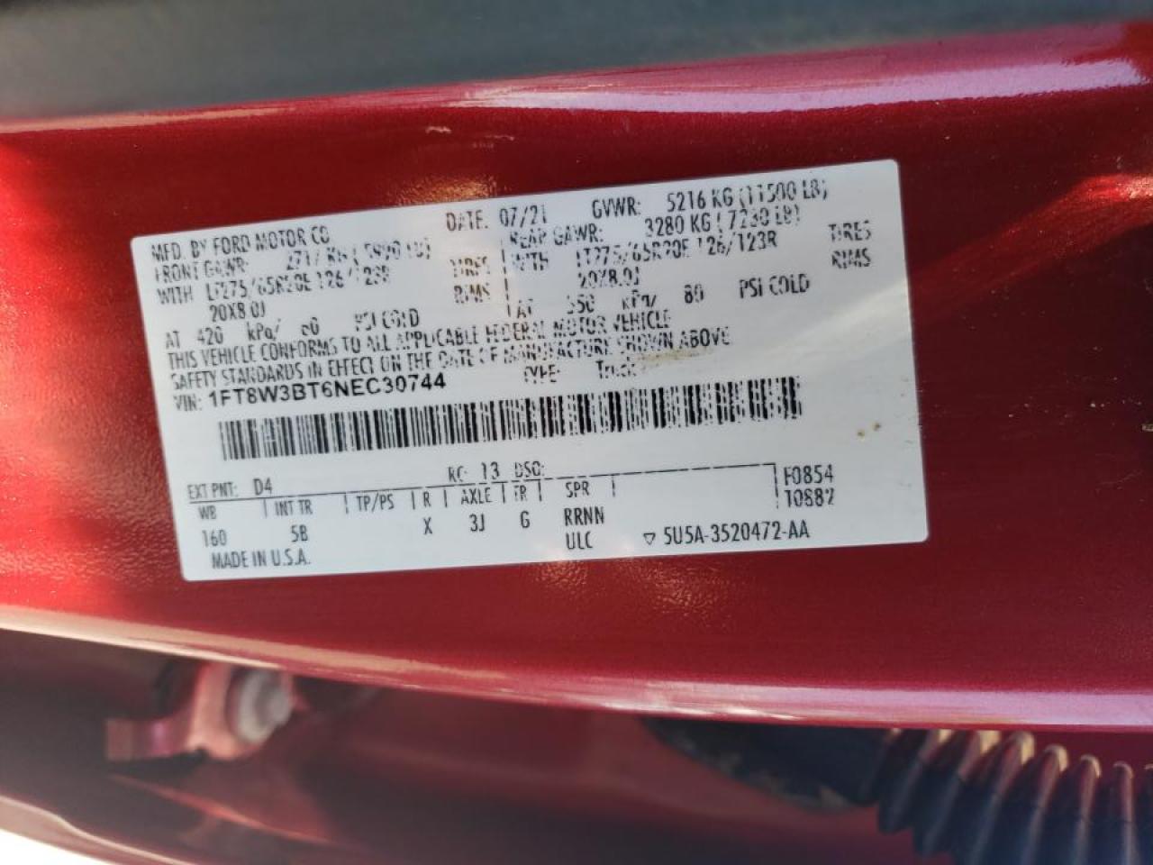 2022 FORD F350 SUPER DUTY VIN:1FT8W3BT6NEC30744