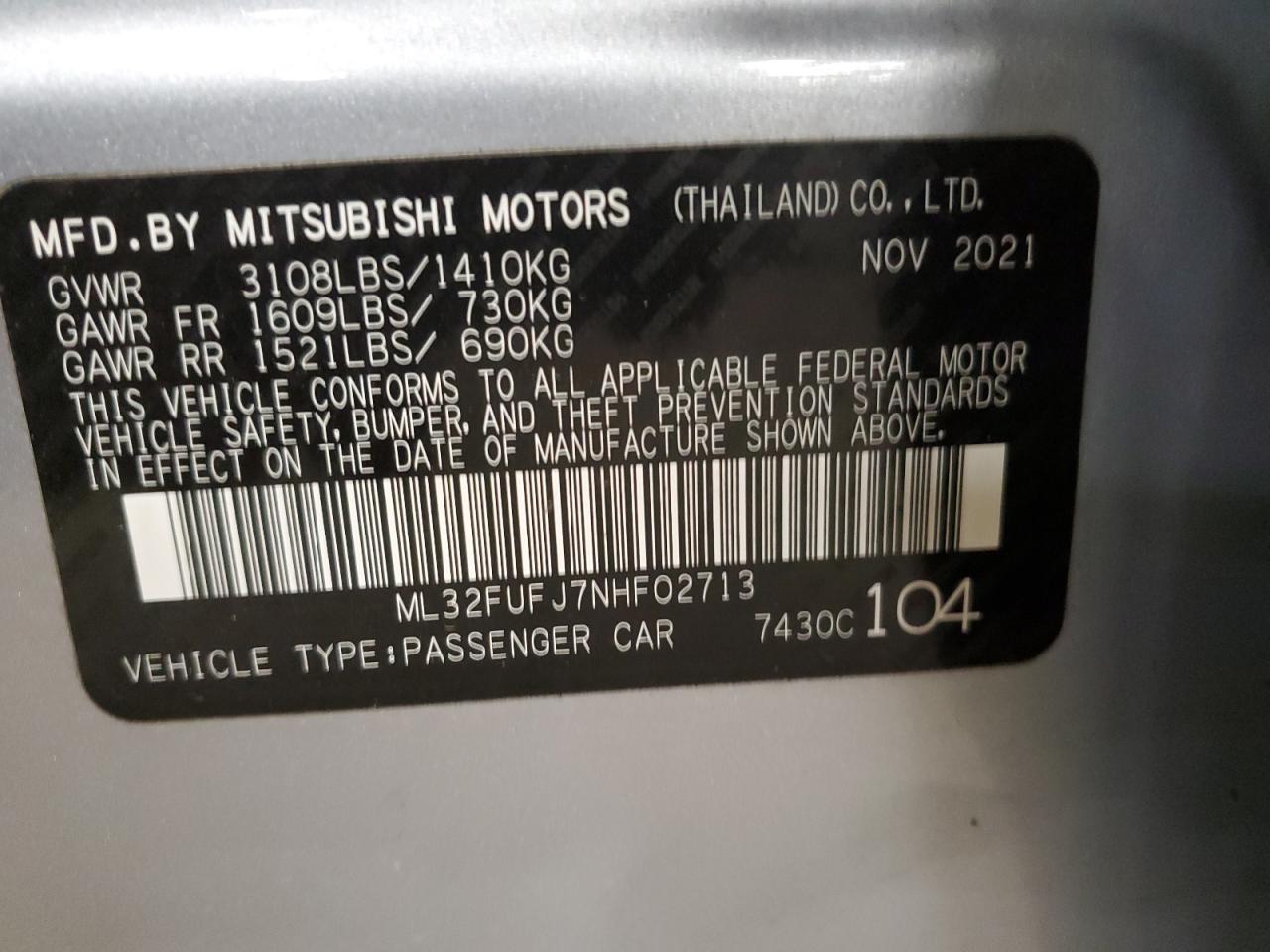 2022 MITSUBISHI MIRAGE G4 ES VIN:ML32FUFJ7NHF02713