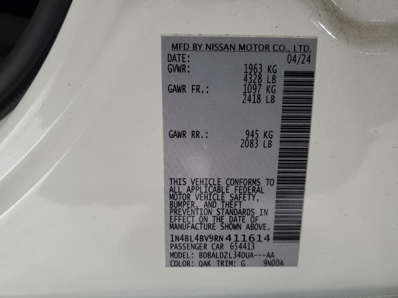 2024 NISSAN ALTIMA S VIN:1N4BL4BV9RN411614