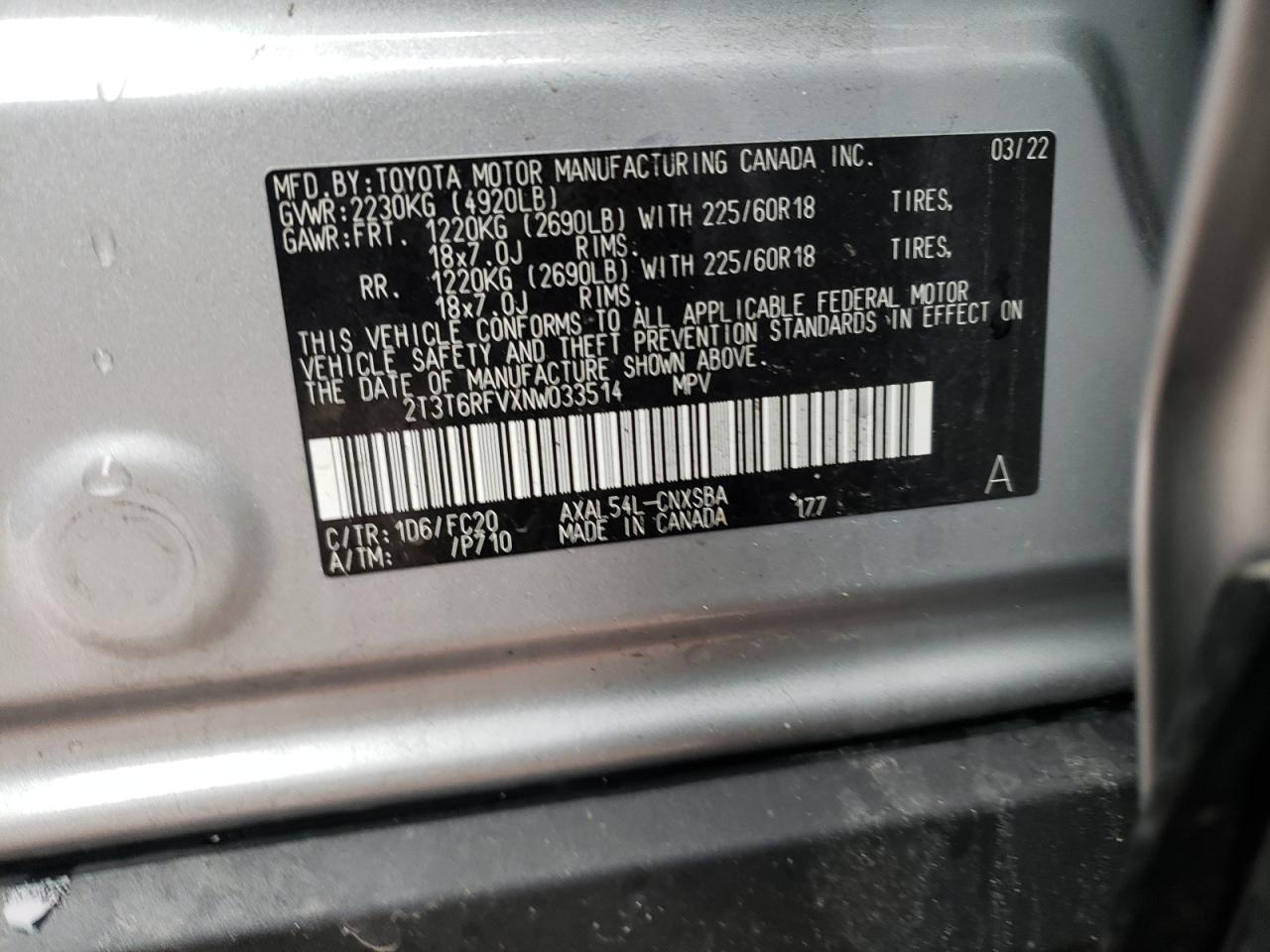 2022 TOYOTA RAV4 SE VIN:2T3T6RFVXNW033514