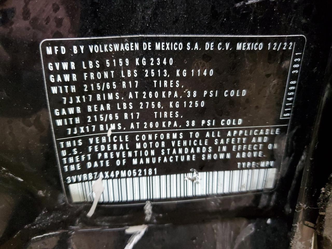 2023 VOLKSWAGEN TIGUAN S VIN:3VVRB7AX4PM052181
