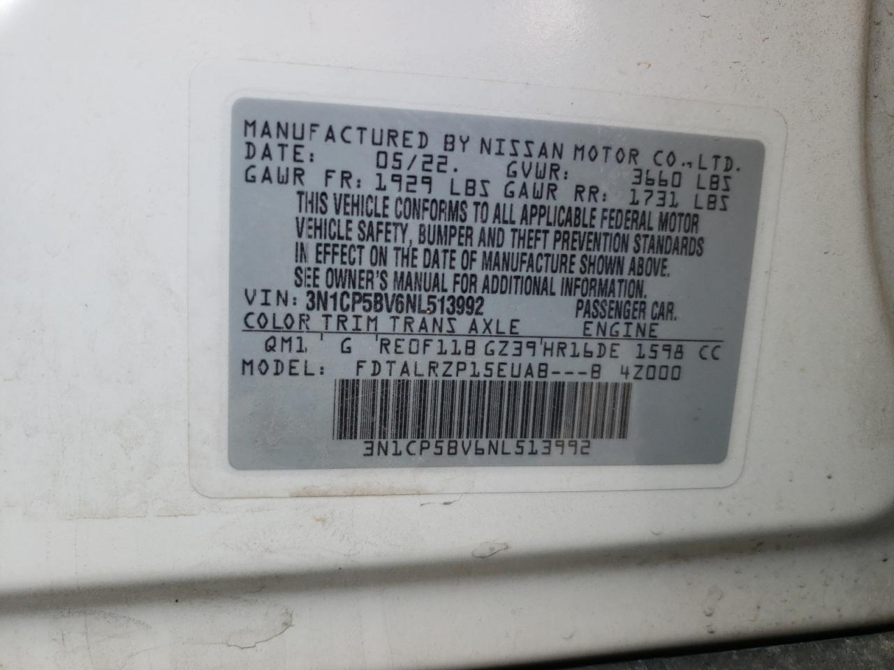 2022 NISSAN KICKS S VIN:3N1CP5BV6NL513992