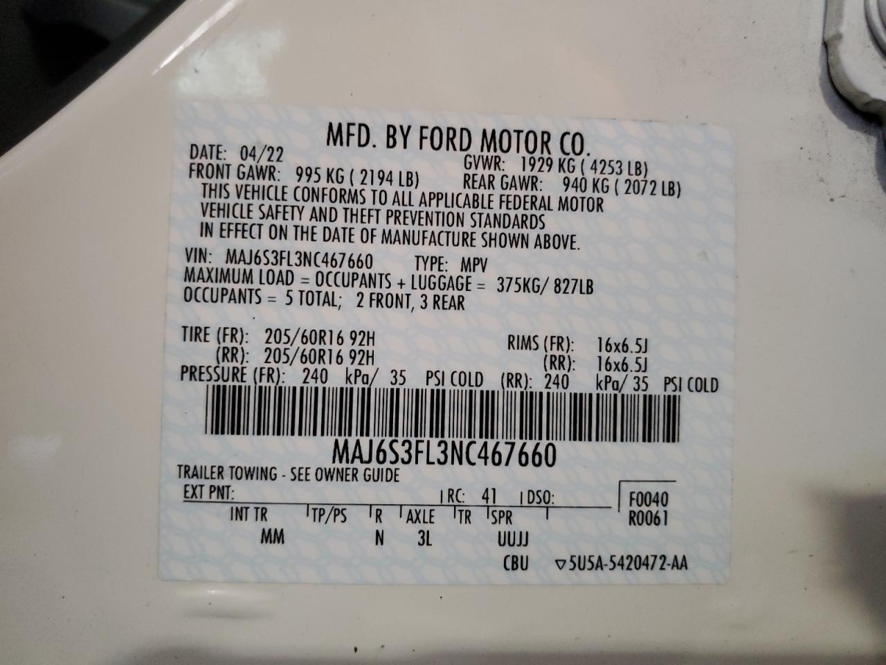 2022 FORD ECOSPORT S VIN:MAJ6S3FL3NC467660