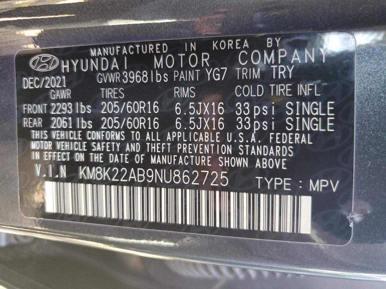 2022 HYUNDAI KONA SEL VIN:KM8K22AB9NU862725