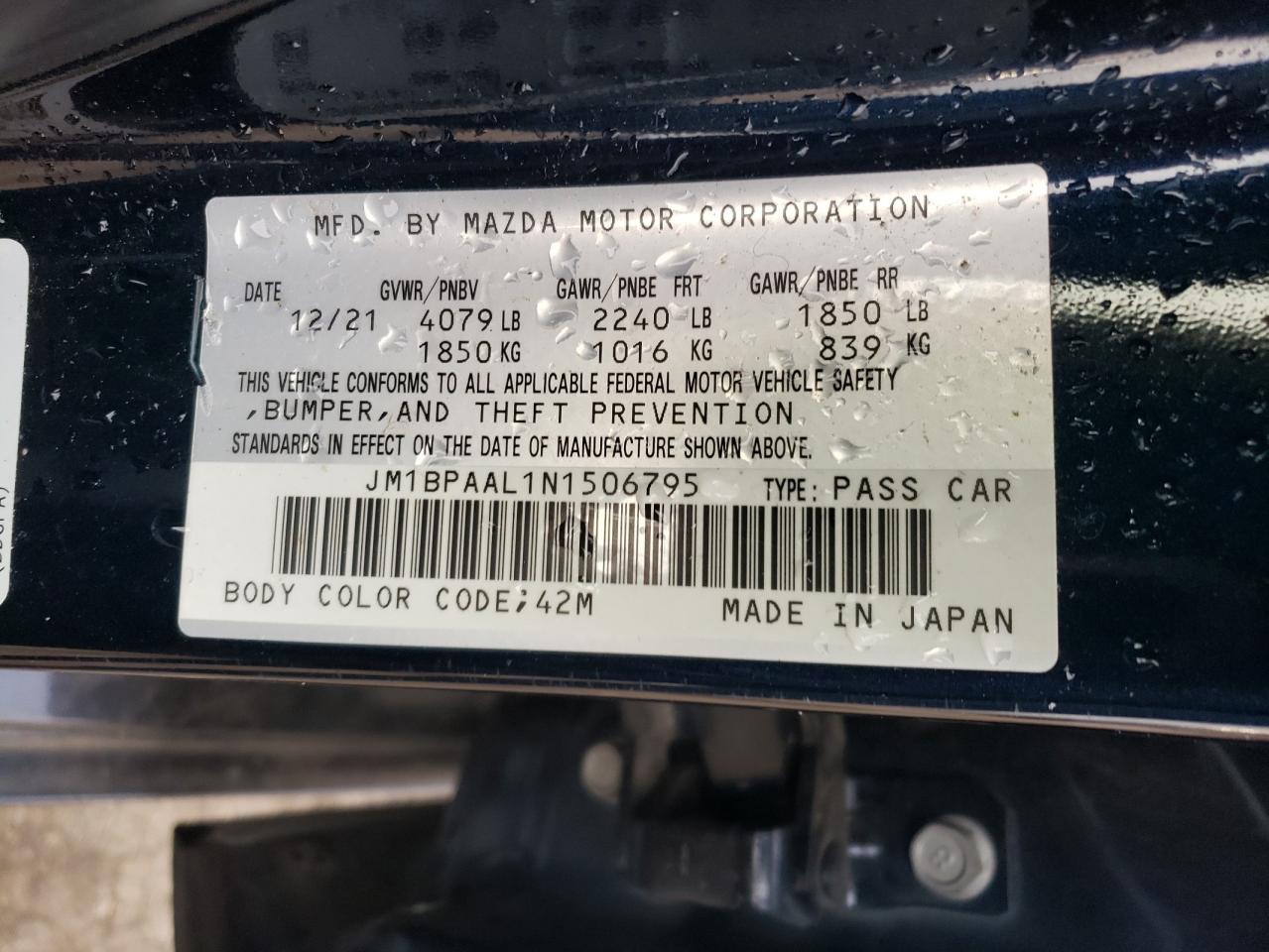 2022 MAZDA 3  VIN:JM1BPAAL1N1506795