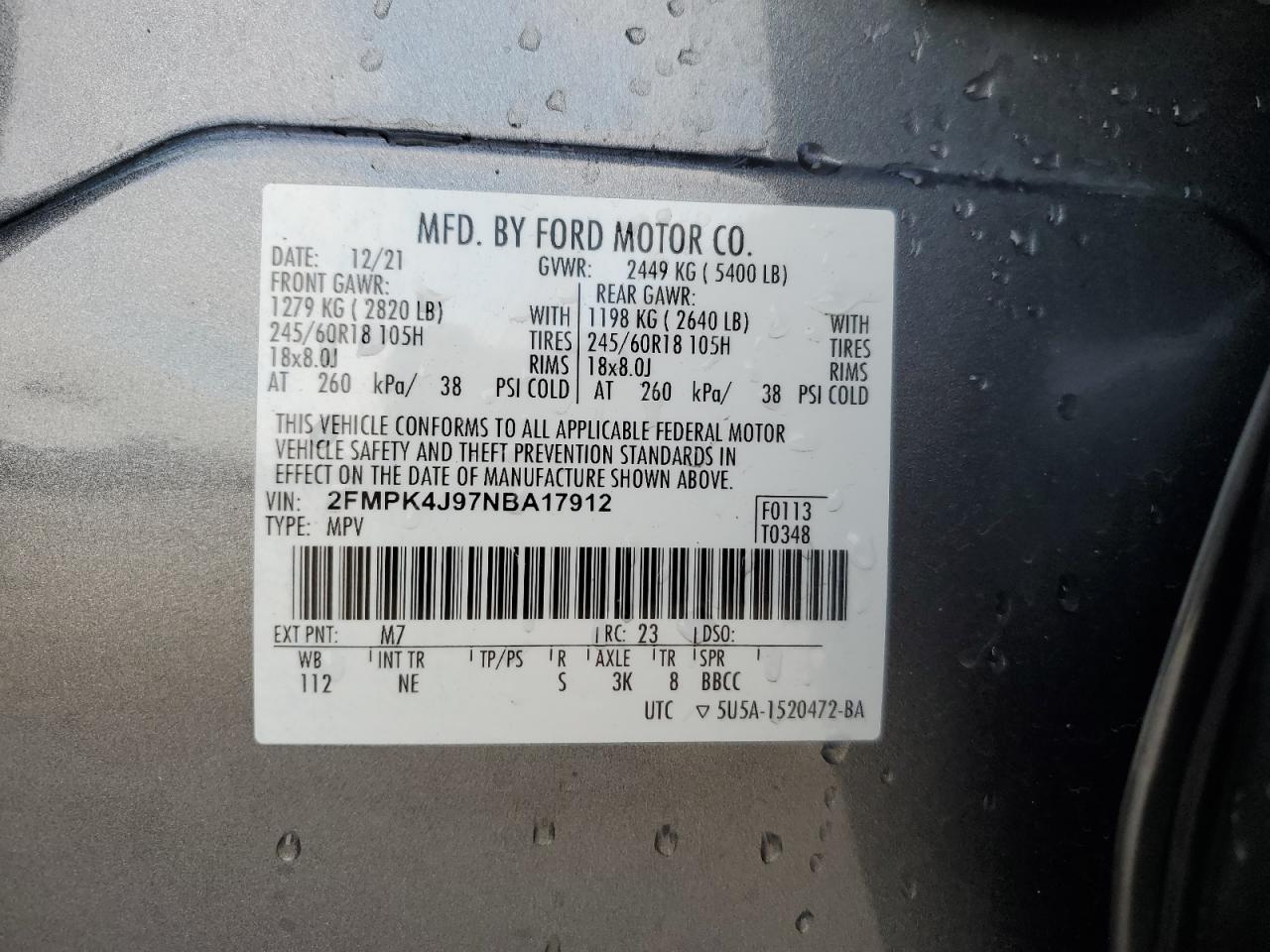 2022 FORD EDGE SEL VIN:2FMPK4J97NBA17912