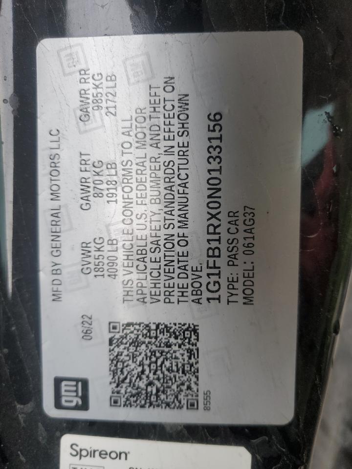 2022 CHEVROLET CAMARO LS VIN:1G1FB1RX0N0133156