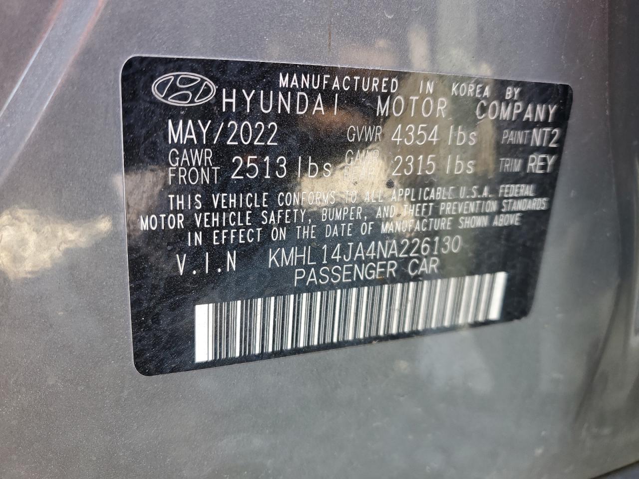 2022 HYUNDAI SONATA SEL VIN:1FTWF30538ED69729