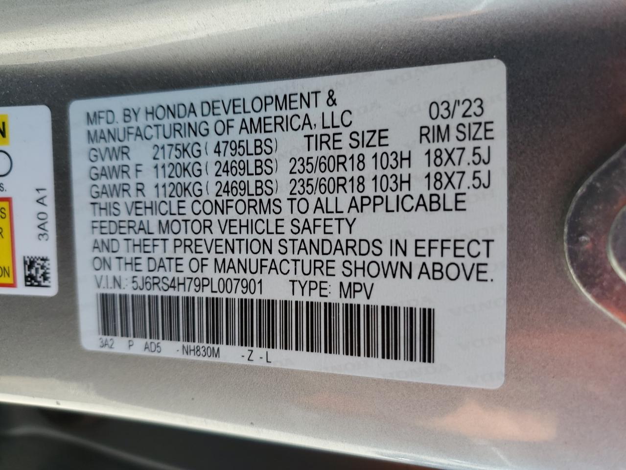 2023 HONDA CR-V EXL VIN:5J6RS4H79PL007901